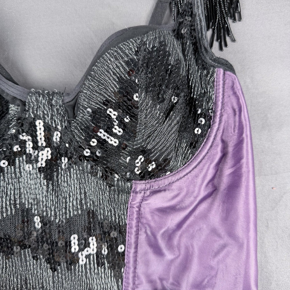 Frederick's of Hollywood Bustier Black Purple Sequin Fringe Satin M Adjustable
